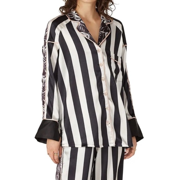 HAH Floral Striped Button-Up Shirt Long Sleeve Size L Black/Silver - Picture 1 of 6